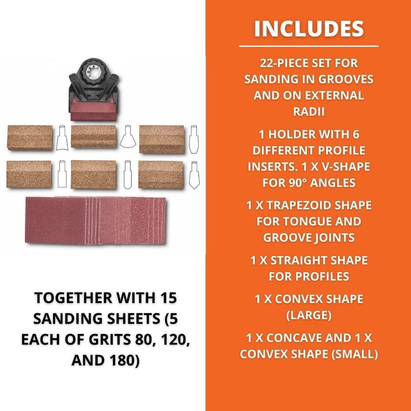 Fein Starlock Plus Profile Sanding Set - 22-Piece Kit with Holder, 6 Profile Inserts, and 15 Sanding Sheets (80, 120, 180 Grit) for Detailed Sanding of Grooves, Profiles, and Edges - 63810031010 - Image 3